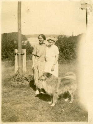 Emma Ecclestone and Annie Day with dog Wally, at Fairyport, Fariy Lake, Huntsville, Ontario.