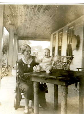 Emma Ecclestone and Joy MacKay on the verandah of Fairyport Hotel, Fairy Lake, Huntsville, Ontario.