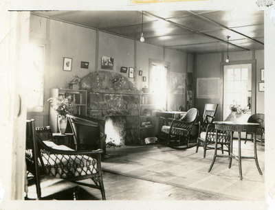 Lounge of the Fairyport Hotel, Fairy Lake, Huntsville, Ontario, in the 1920's.