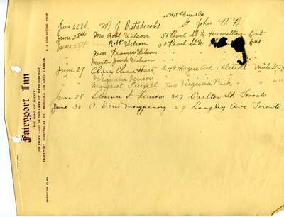 Guest register for Fairyport Inn, Fairy Lake, Huntsville, Ontario, June 26, 1923-June 30, 1923.