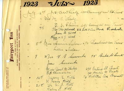 Guest register for Fairyport Inn, Fairy Lake, Huntsville, Ontario, July 2, 1923-July 21, 1923.