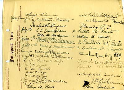 Guest register for Fairyport Inn, Fairy Lake, Huntsville, Ontario, July 2, 1923-August 8, 1923.