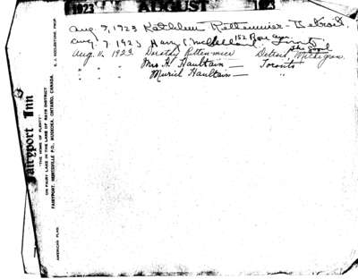 Guest register for Fairyport Inn, Fairy Lake, Huntsville, Ontario, August 9, 1923-August 11, 1923.