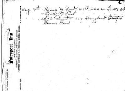 Guest register for Fairyport Inn, Fairy Lake, Huntsville, Ontario, August 12, 1923.