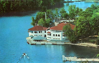 Bigwin Inn, Lake of Bays, view of sun deck, marine and main dining rooms and round room.