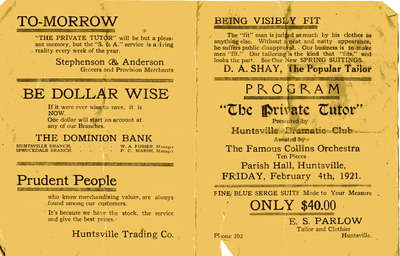 Program, &quot;The Private Tutor&quot; presented by Huntsville Dramatic Club, February 4, 1921, Huntsville, Ontario. Front and back covers.