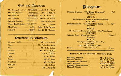 Program, &quot;The Private Tutor&quot; presented by Huntsville Dramatic Club, February 4, 1921, Huntsville, Ontario. Inside pages.