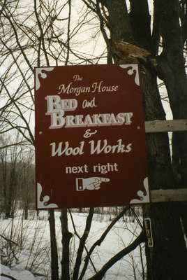 Morgan House Bed and Breakfast & Wool Works sign, Morgan's Road, Huntsville, Ontario.