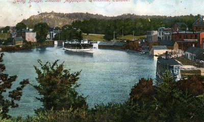 View of waterfront, swing bridge, S.S. Algonquin, Huntsville, Ontario.