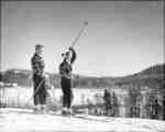 Pat and Doreen McIlroy skiing on the Watson farm, overlooking the beaver meadow pond, on Brunel Road, Huntsville, Ontario.
