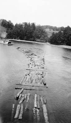 Towing logs to the mill at Huntsville, Ontario.