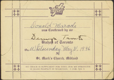 Confirmation Card for Donald Maracle Signed by the Bishop of Toronto