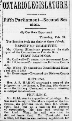 Ontario Scrapbook Hansard, 26 Feb 1885