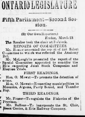 Ontario Scrapbook Hansard, 20 Mar 1885