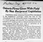 Ontario Firms Given Wide Field By New Reciprocal Legislation