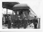 Royal Visit, 1939 - King George VI and Queen Elizabeth on rear platform of train as it leaves London train station, London, Ontario