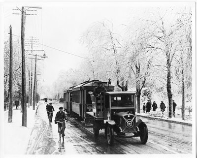 London Street Railway streetcars being pulled to barns, London, Ontario