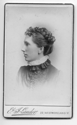 Carte de visite portrait of an identified young woman taken at E. & J. Lauder Photographic Studio, Dublin, Ireland