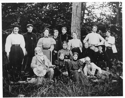 Group portrait with Dr. Richard Maurice Bucke, family and friends at Liberty Island, Muskoka, Ontario