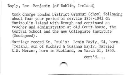 Bayly, Rev. Benjamin (of Dublin, Ireland)