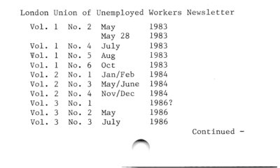 London Union of Unemployed Workers Newsletter.