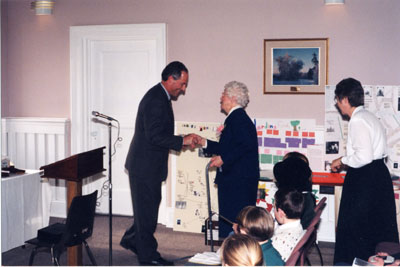 Milton Historical Awards.  MPP Ted Chudleigh greeting Laura B. Dixon, winner of the 1997 Writing Award.