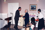 Milton Historical Awards.  MPP Ted Chudleigh greeting Laura B. Dixon, winner of the 1997 Writing Award.