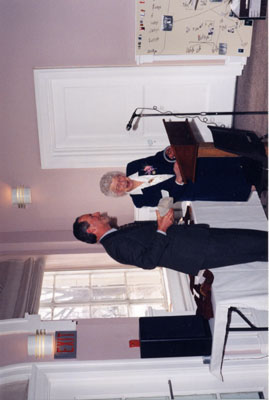 Milton Heritage Awards. Laura B. Dixon, winner of the 1997 Writing Award, with MPP Ted Chudleigh.