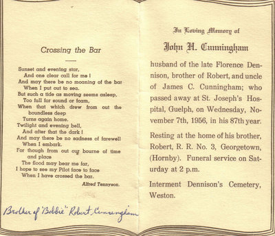 Funeral card for John H. Cunningham