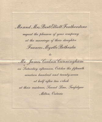 Wedding invitation for the wedding of Frances Myrtle Featherstone to James Coulson Cunningham