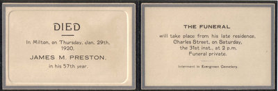 Funeral card for James M. Preson