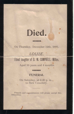 Funeral Card for Louie, eldest daughter of D. W. Campbell, Milton