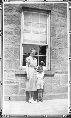 Donald Stringer with teacher, Miss Minty, at Bruce Street Public School, Milton, Ont.