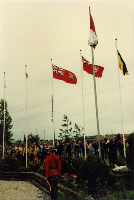 Flags flying at the 125th anniversary of the founding of the Town of Milton, Ontario