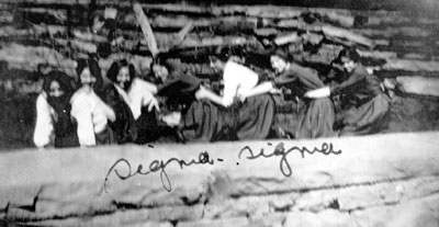 Seven young ladies posed behind stone wall