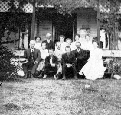 Clements family and friends outside the Clements cottage in Muskoka