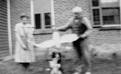 Alma Bole, Fred Willmott and owl and Rover at &quot;Rose Hill&quot; farm.