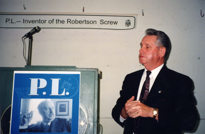 Mayor Gordon Krantz speaking at book launch of &quot;P.L. - Inventor of the Robertson Screw&quot; by Ken Lamb