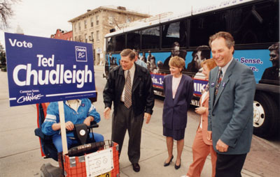 Ted Chudleigh campaigning with Mike Harris on Main Street, Milton.