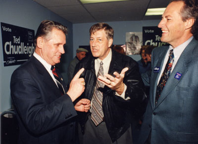 Mike Harris with Mayor Gord Krantz and Ted Chudleigh