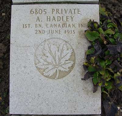 CWGC marker for the grave of Arthur Hadley, 1893-1915