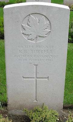 CWGC marker for the grave of Russell Brandon Turrell, 1894-1918