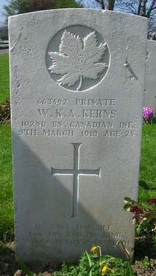 CWGC marker for the grave of William Kenneth Atkinson Kerns, 1893-1919