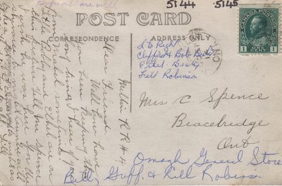 Reverse of postcard Robinson Bros. Store, Omagh, Ont.