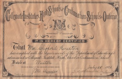 Certificate issued by the Ontario Department of Education for Clifford Houston