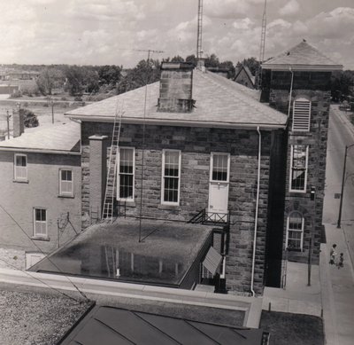 Aerial view of the side of the Town Hall on Main Street.