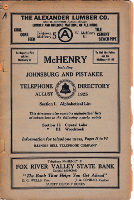 1925 August - McHenry, Johnsburg and Pistakee Telephone Directory