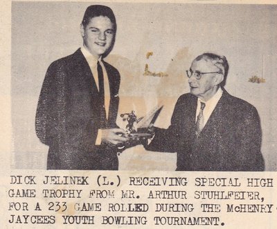 Dick Jelinek Receiving Special High Game Trophy From Arthur Shuhlfeier.