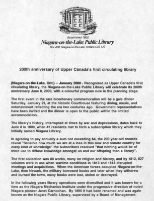 200th anniversary of Upper Canada's first circulating library