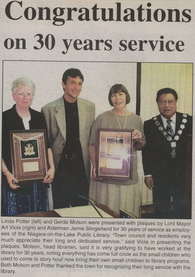 Linda Potter and Gerda Molson - 30 years of service as employees of the Niagara-on-the-Lake Public Library